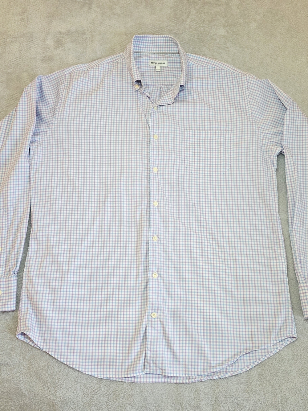Peter Millar Crown Lite Tattersall Check Shirt Lavender Blue Stretch L(72 chara